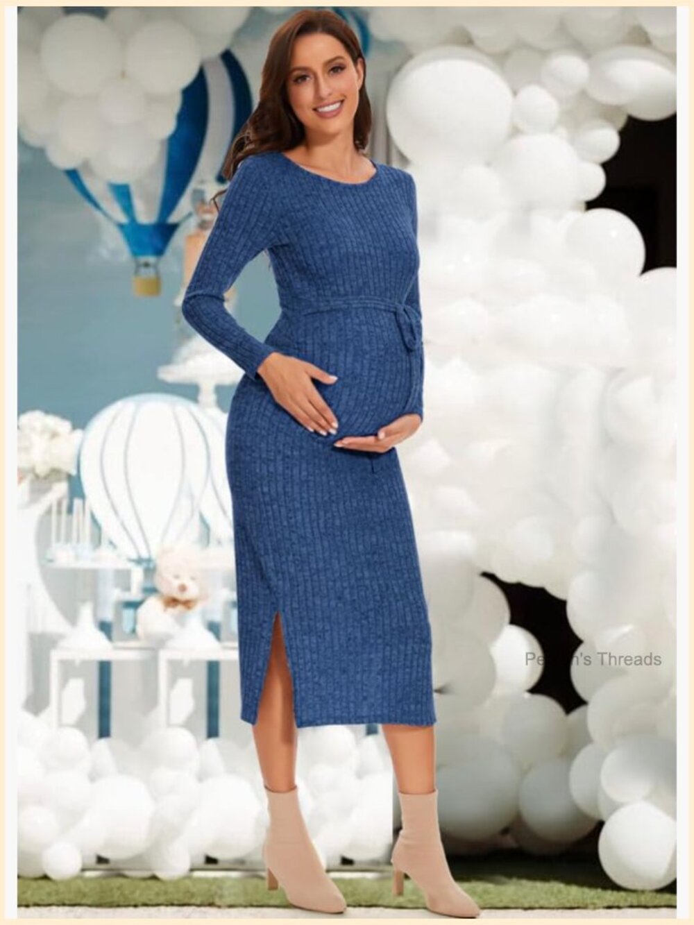 Crewneck Maternity Sweater Dress Rib Knit Long Sleeve Slit Dress with Belt - Picture 3 of 7